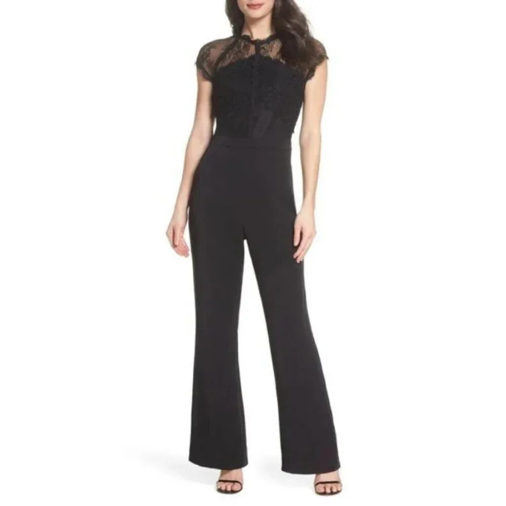 Harlyn Womens Size Medium Black Lace Illusion Jumpsuit